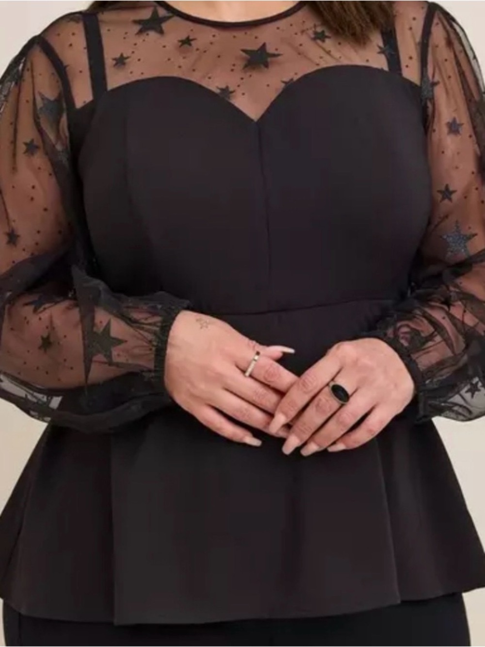 torrid Black Star-Print Mesh Sleeve Peplum Blouse size 1 - Picture 2 of 5
